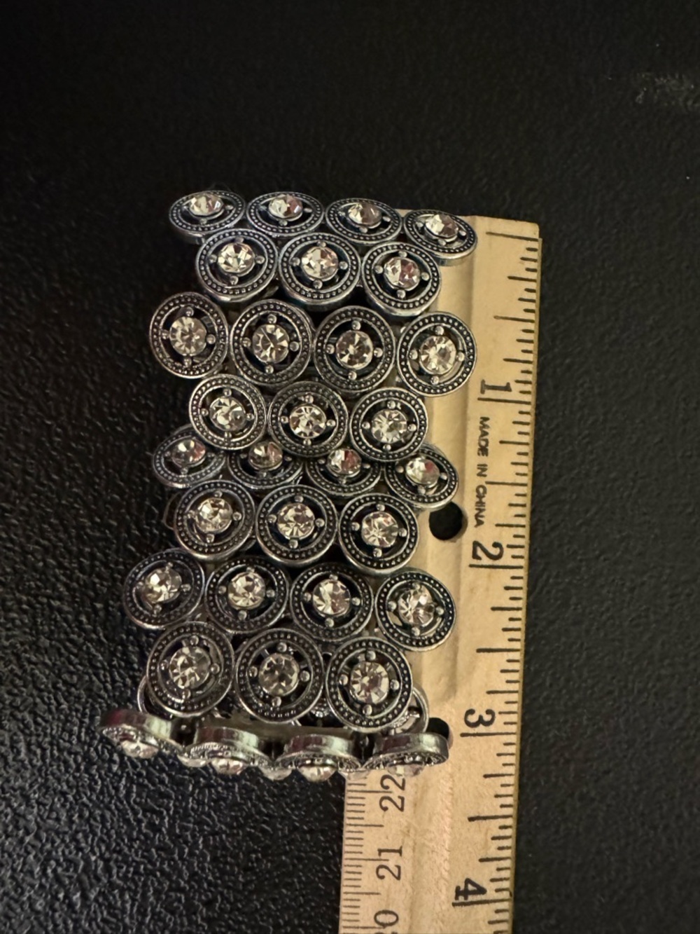 Rhinestone Embellished Silver-Tone Wide Cuff Stretch Bracelet - Picture 6 of 7